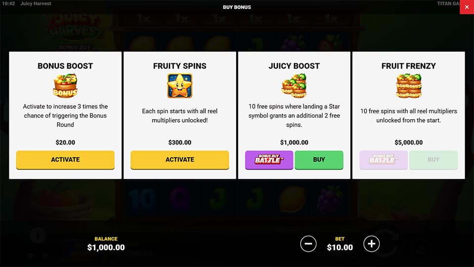 Juicy Harvest bonus buy menu with four selectable modes, including Bonus Boost, Fruity Spins, and Juicy Boost.