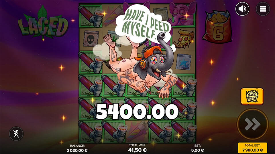 Laced slot showing &ldquo;Have I Peed Myself&rdquo; win animation with elephant-headed man and glowing spliffs.