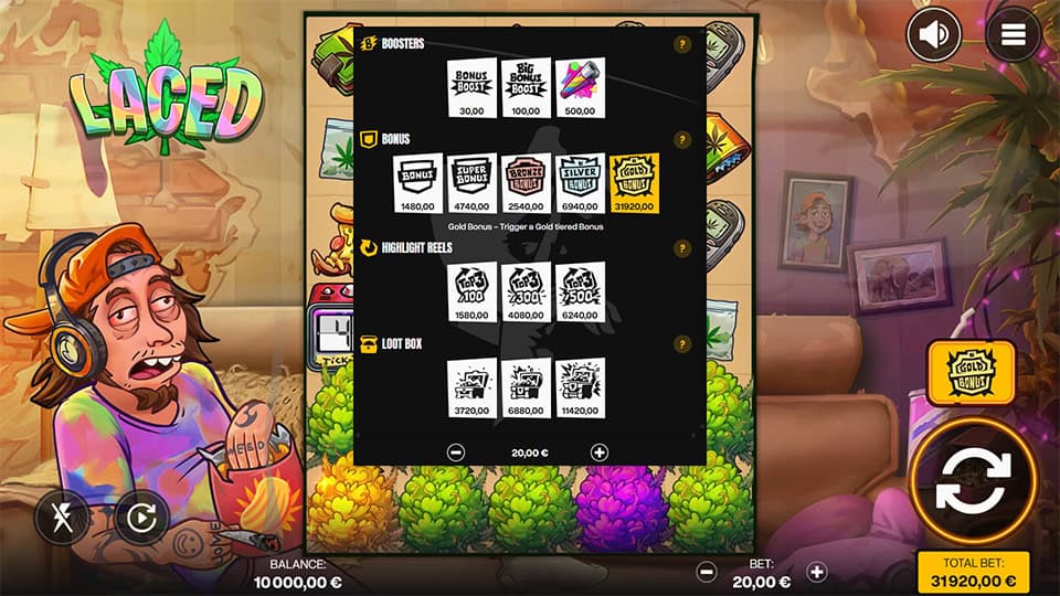 Laced slot store menu with Boosters, Bonuses, Highlight Reels and Loot Boxes.