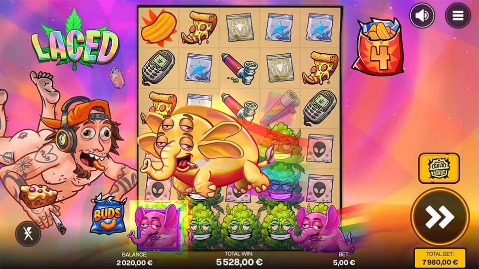 Laced slot bonus with giant golden elephant and sleepy purple mouse on trippy background.