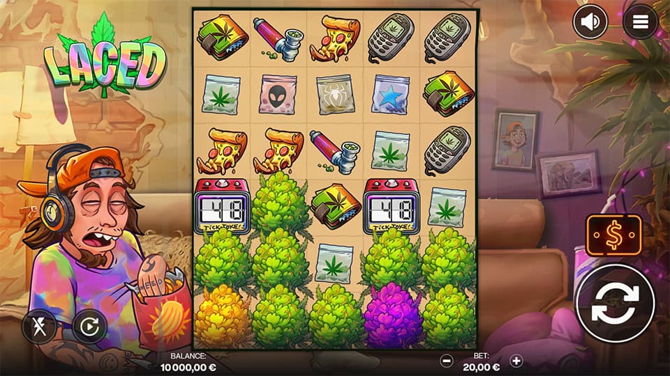 Laced slot base game showing player character eating chips next to colorful buds and symbols.