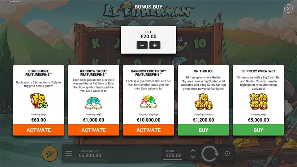 Bonus buy menu in Le Fisherman slot with five modes including Bonushunt Featurespins™, Rainbow Trout Featurespins™, and On Thin Ice.