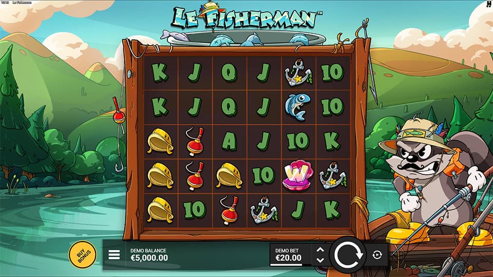 Base gameplay of Le Fisherman slot with cartoon-style fishing symbols on a 6x5 grid and an angry raccoon character on the right.