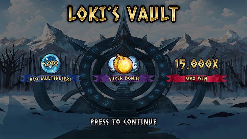 Loki's Vault intro screen showcasing big multipliers, Super Bonus, and max win of up to 15,000x.