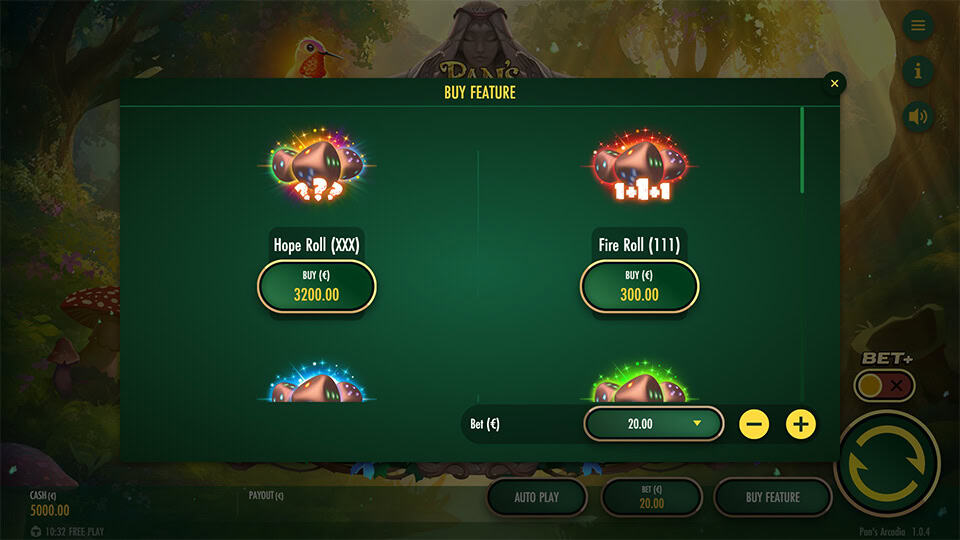 Feature buy menu in Pan’s Arcadia slot offering Fire Roll and Hope Roll options with varying levels of volatility and bet settings.