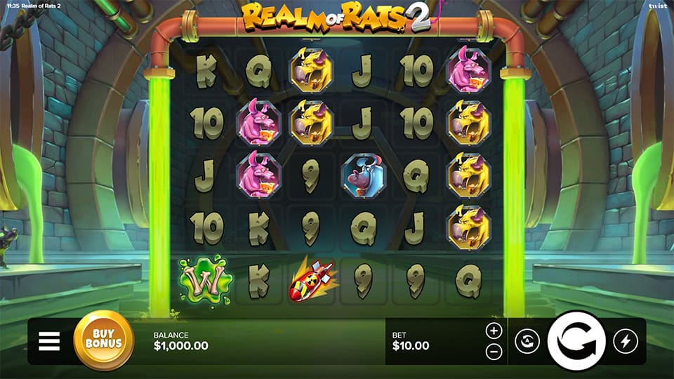 Base game screen of Realm of Rats 2 showing cartoonish rat symbols on a 6x5 grid inside a green-lit sewer with glowing pipes.