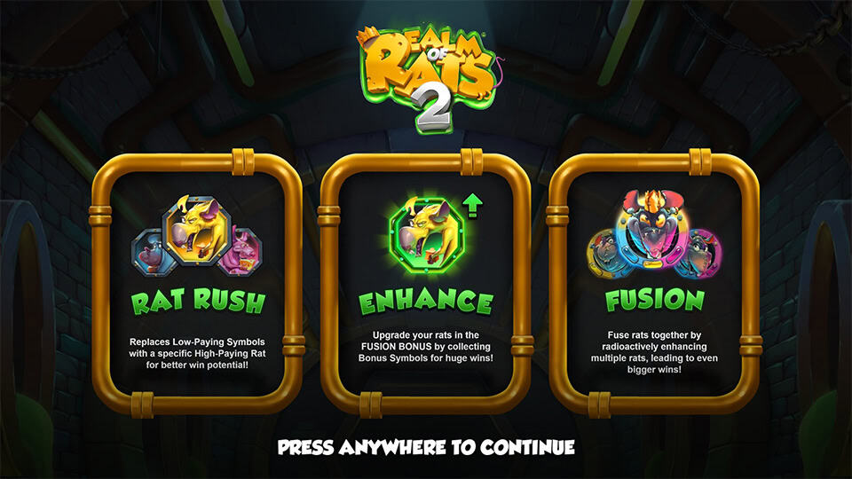 Realm of Rats 2 introduction panel showcasing three features – Rat Rush, Enhance, and Fusion – explained with visuals inside golden pipes.