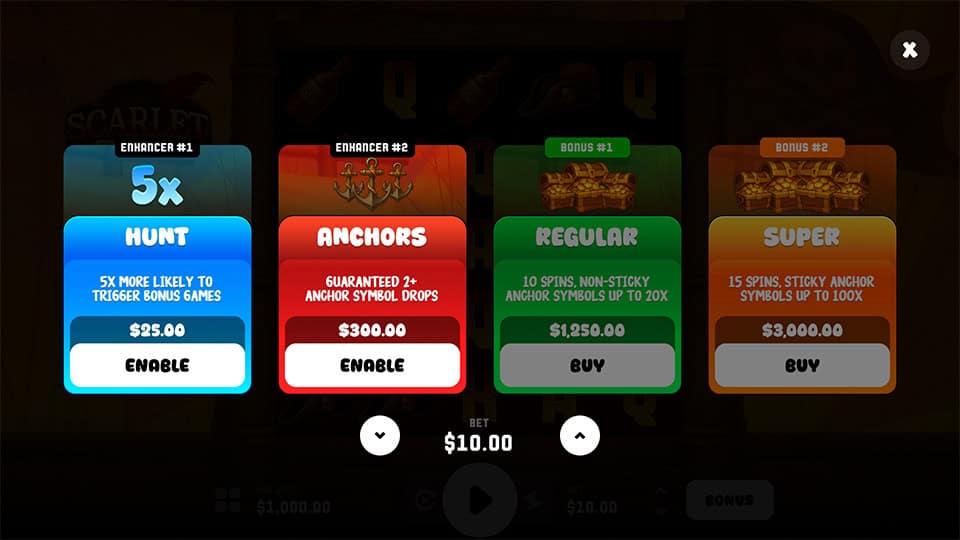 Scarlet Tides bonus buy menu with six options including 5x Hunt, Anchors, and Super Bonus with sticky wilds.