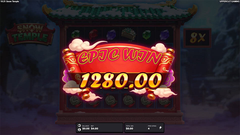 Epic Win display in Snow Temple slot with bold scroll-style text and cloud effects over blurred reels.