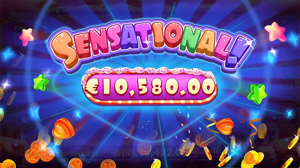 Sensational Win animation in Sugar Rush Super Scatter with rainbow letters and candy coins flying across a blue spotlight.