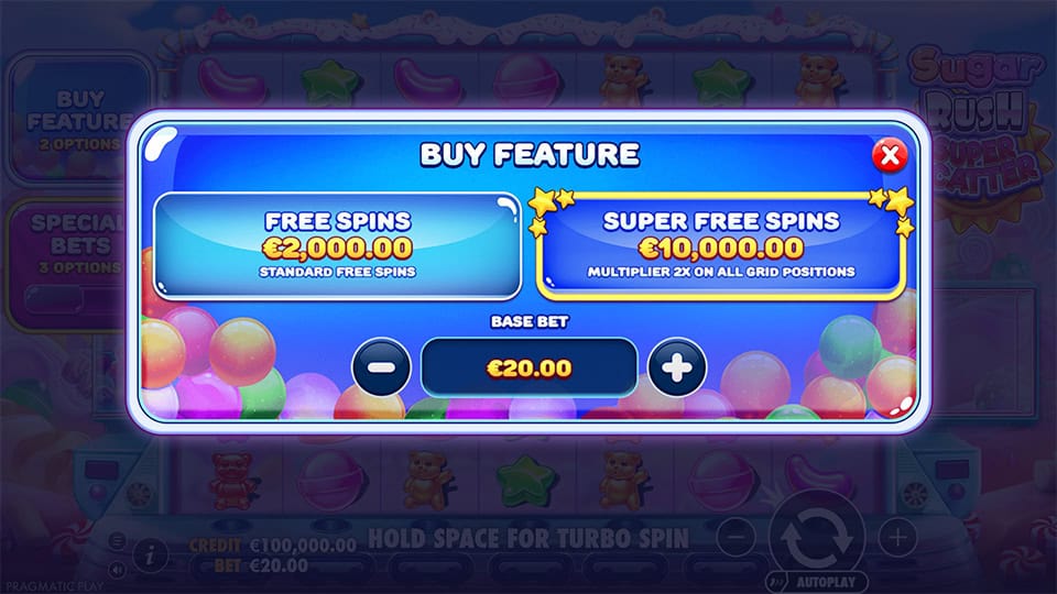 Buy feature menu in Sugar Rush Super Scatter slot with standard and super free spins options, plus adjustable base bet.