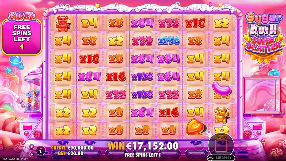 Free spins gameplay in Sugar Rush Super Scatter with active x64, x128, and x256 multipliers glowing on pink grid tiles.