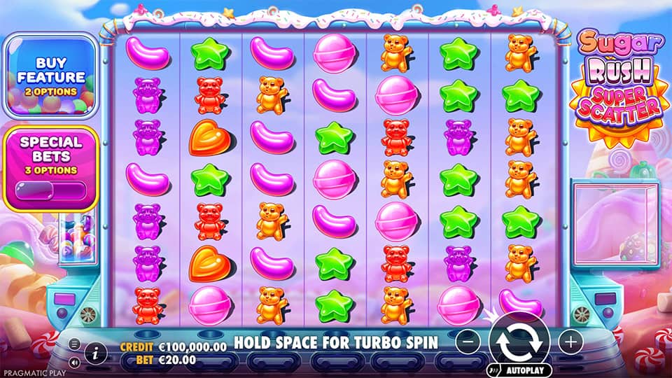 Base game of Sugar Rush Super Scatter showing colorful candies, gummy bears, and stars on a tall 7-reel grid.