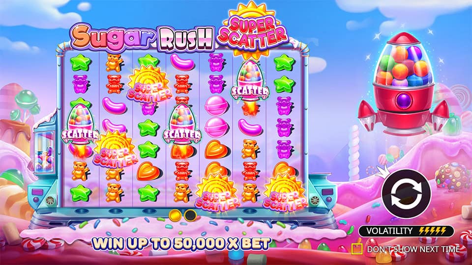 Intro screen of Sugar Rush Super Scatter showing reels packed with Super Scatter symbols and a max win of up to 50,000x.