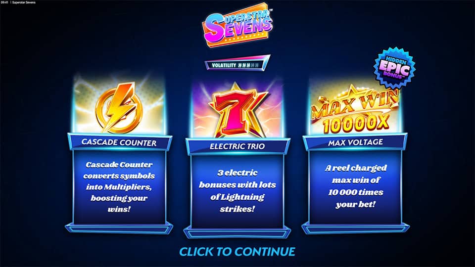 Superstar Sevens intro panel featuring Cascade Counter, Electric Trio bonus, and Max Voltage with a 10,000x max win.
