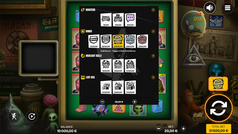 Buy menu listing Boosters, Bonus levels, Highlight Reels, and Loot Box options&mdash;each with tiered features like Gold, Silver, and Super Bonus variants.