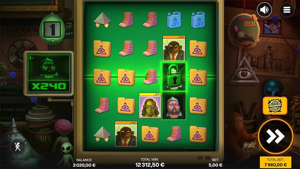 Highlighted grid line across the middle row with locked reel, active symbols, and multiplier counter showing x240 on the left side of the screen.