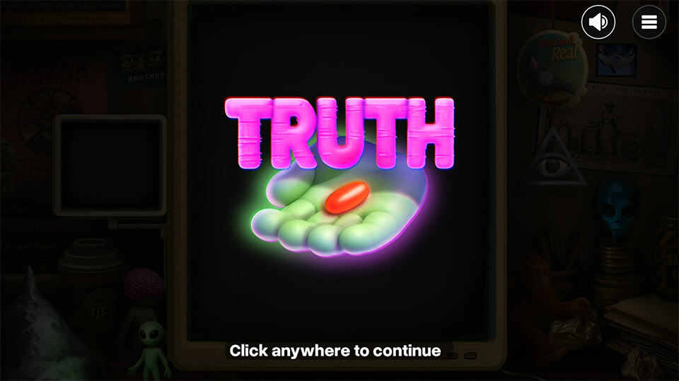 "TRUTH" title with a red pill in a hand, glowing on an old monitor&mdash;inviting players to uncover hidden secrets.