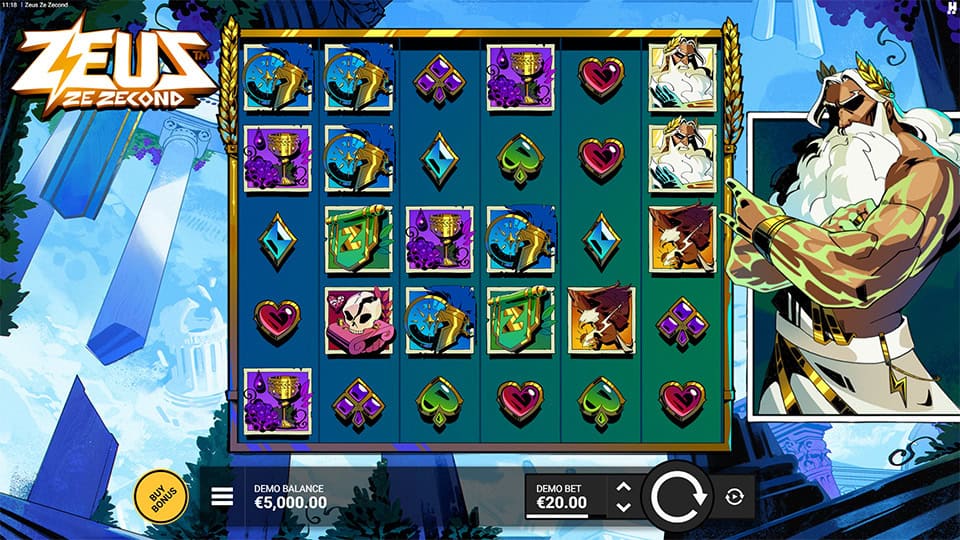 Base gameplay screen of Zeus Ze Zecond slot featuring mythological symbols, heart and shield icons, and a vibrant Olympus backdrop.