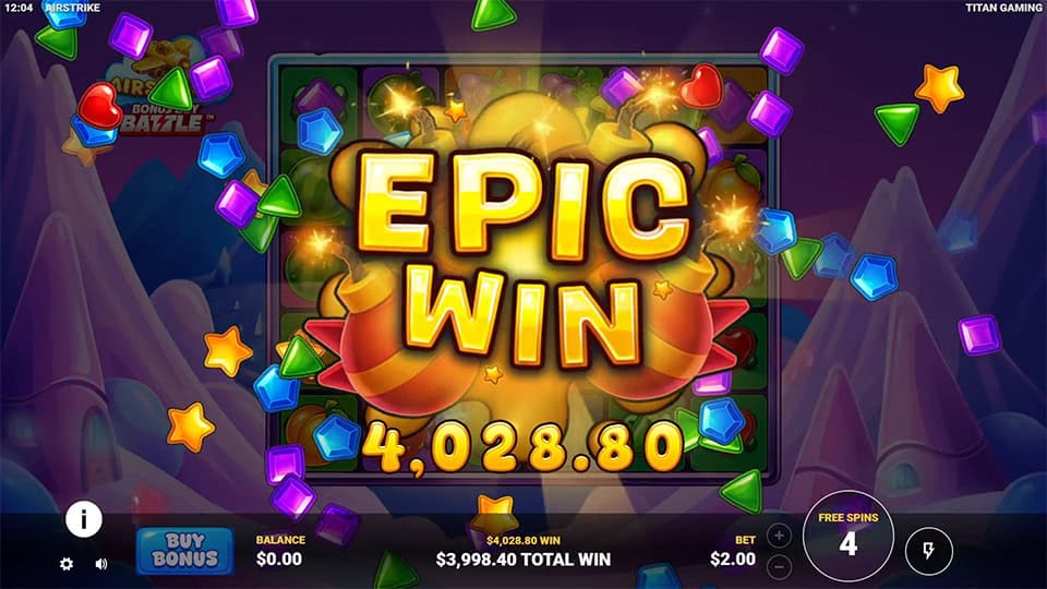 Epic Win screen in Airstrike slot with golden banner and colorful symbols bursting across the reels.
