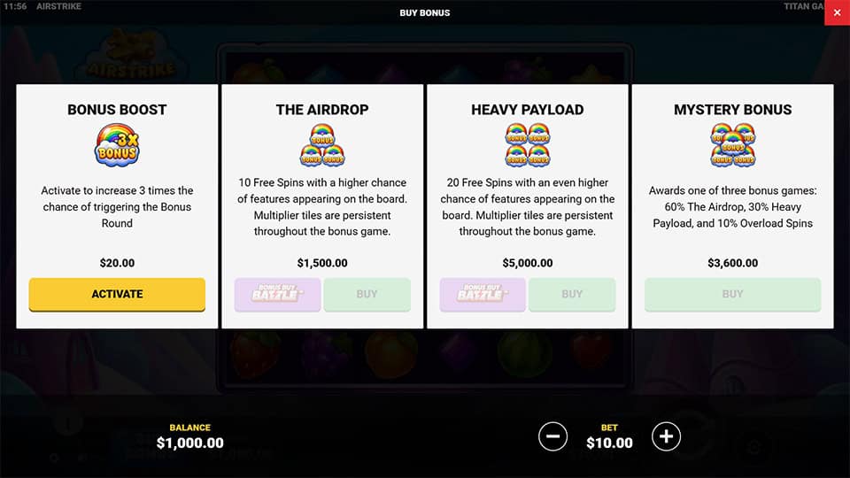 Bonus buy menu in Airstrike slot offering options like Bonus Boost, The Airdrop, Heavy Payload, and Mystery Bonus.