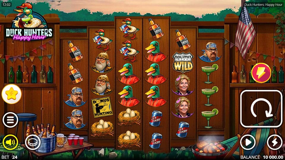 Base gameplay screen of Duck Hunters: Happy Hour slot with cartoon duck hunters, bar-themed symbols, and a backyard fence setting.