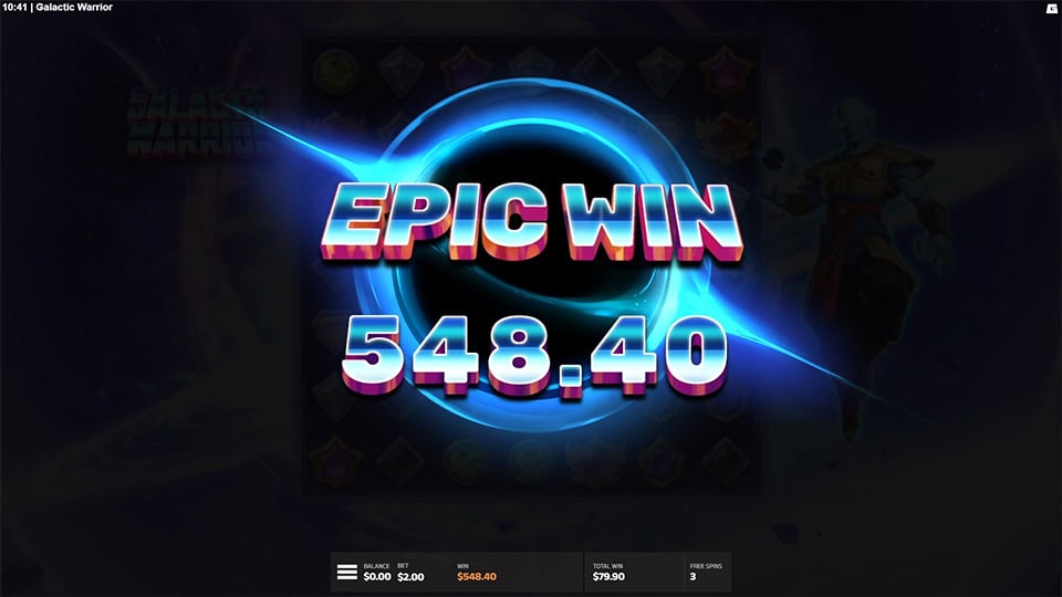 Epic Win message in Galactic Warrior with glowing blue vortex and large neon text over a space-themed background.