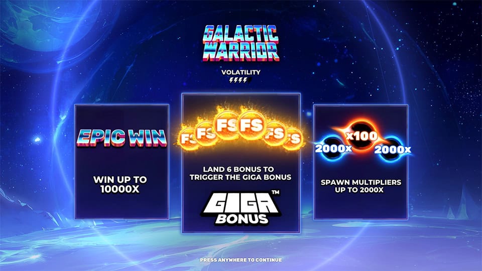 Galactic Warrior intro showing Giga Bonus, epic wins up to 10,000x, and multipliers reaching 2000x.