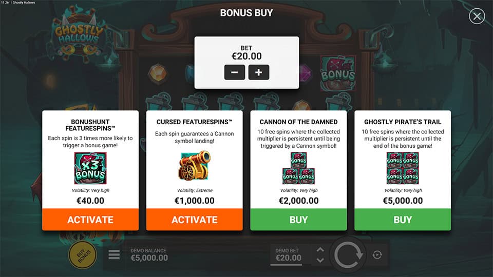 Bonus buy screen featuring multiple FeatureSpins, including Cannon of the Damned and Ghostly Pirate’s Trail, with volatility levels and cannon mechanics.