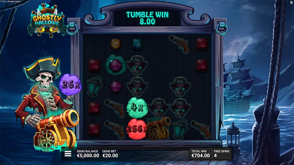Bonus gameplay with the cannon symbol activating and applying collected multipliers like 26x and 256x during a tumble win.