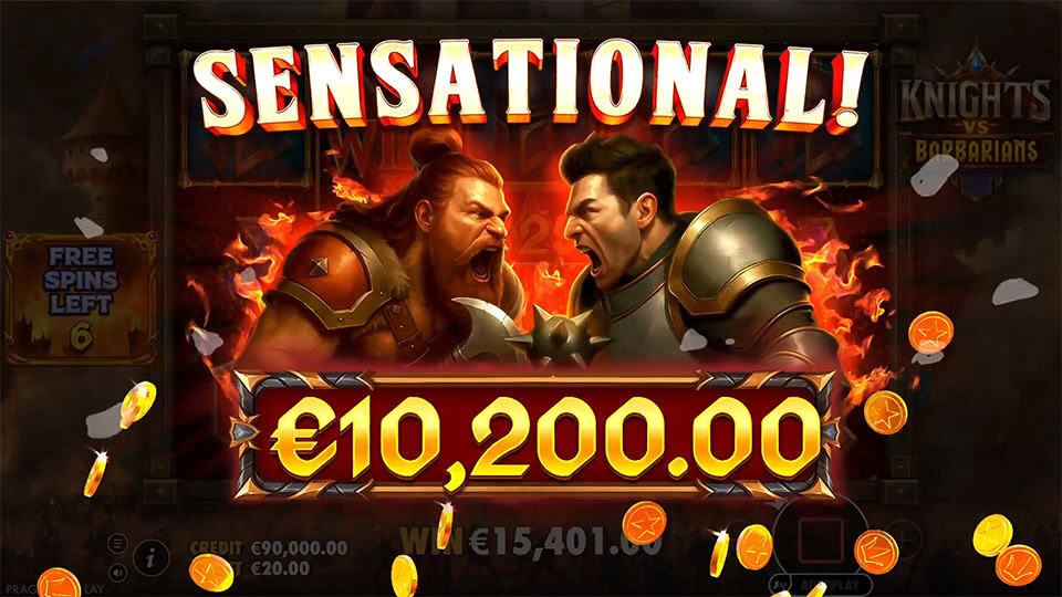 Sensational win screen showing knights and barbarians yelling mid-battle, with fiery background and golden coins flying.