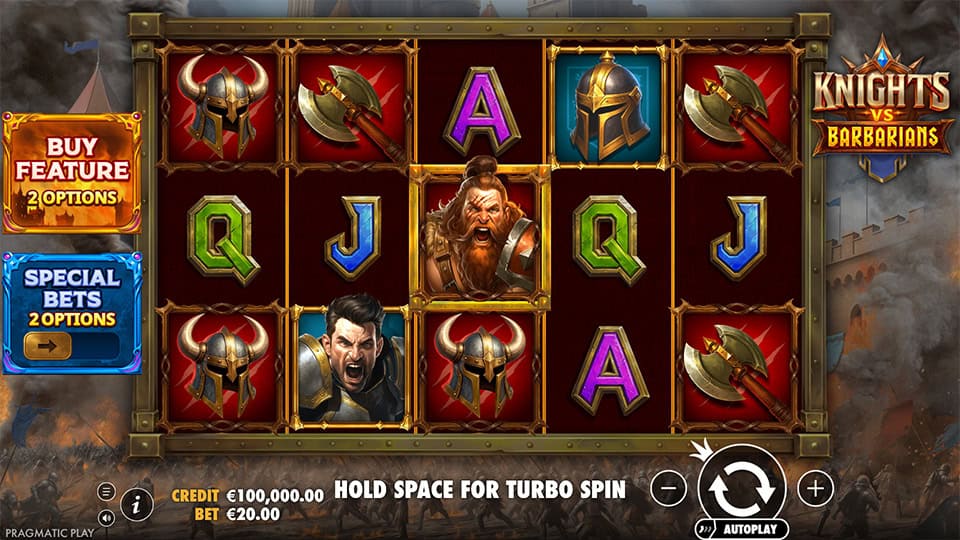 Base game screen of Knights vs Barbarians slot with armored character symbols, weapons, and a castle siege backdrop.