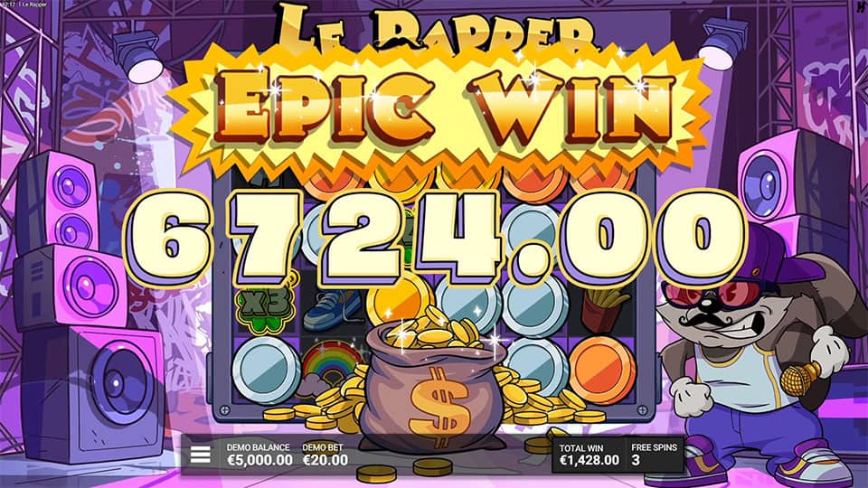 Epic Win display in Le Rapper slot with bold yellow lettering and coins flying across a neon-lit concert stage.