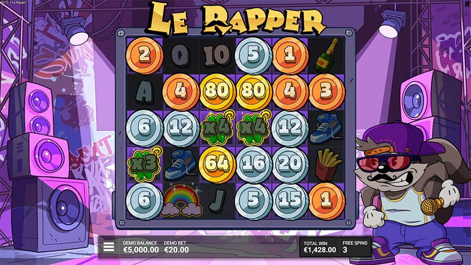 Le Rapper reels with various coin values and multipliers triggered by rainbow symbols during free spins.