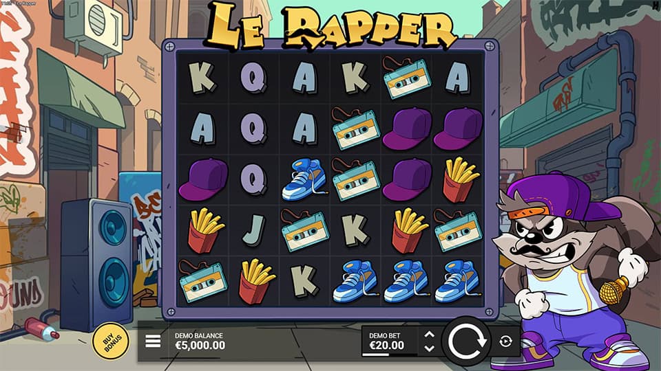 Base game screen of Le Rapper with symbols like fries, cassette tapes, sneakers, and caps on a gritty city grid.