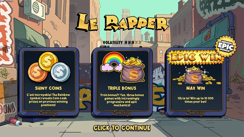 Le Rapper intro showing Shiny Coins, Triple Bonus rounds, and a max win up to 10,000x.