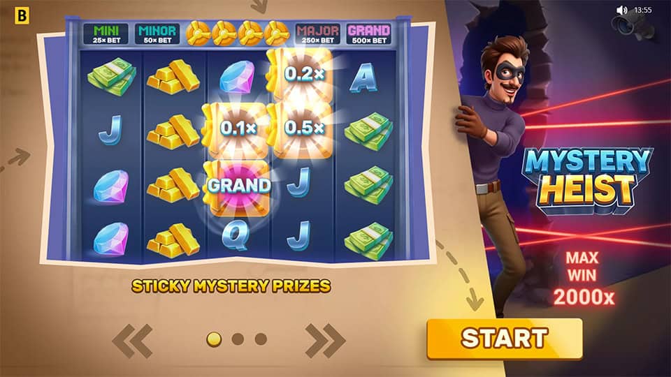Mystery Heist slot intro screen 1