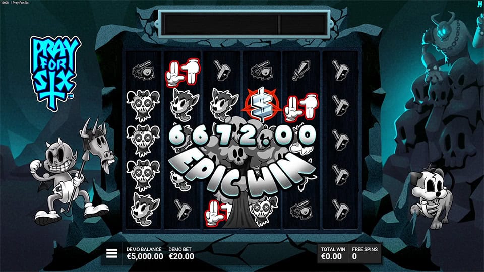 Epic Win screen in Pray for Six slot with large glowing text and cartoon devils celebrating a big win in a dark cavern setting.