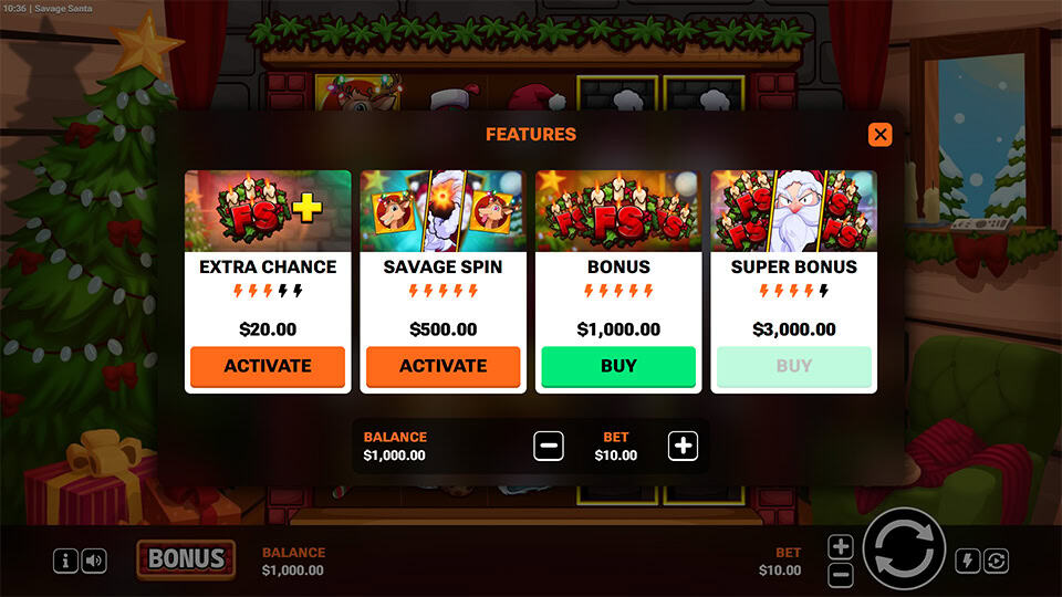 Feature buy menu in Savage Santa slot with Extra Chance, Savage Spin, Bonus, and Super Bonus options at different volatility levels.