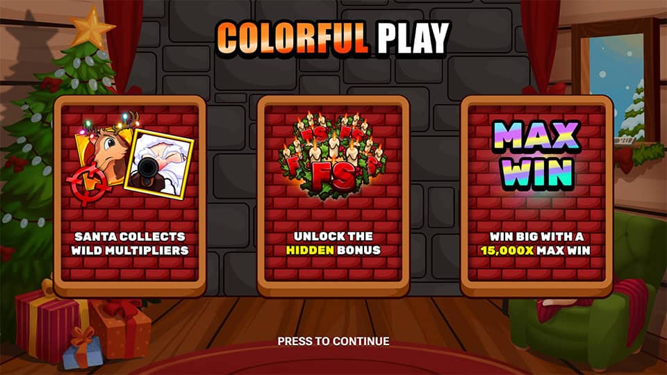 Intro screen of Savage Santa slot showing Santa collecting wild multipliers, a hidden bonus, and a max win of 15,000x.
