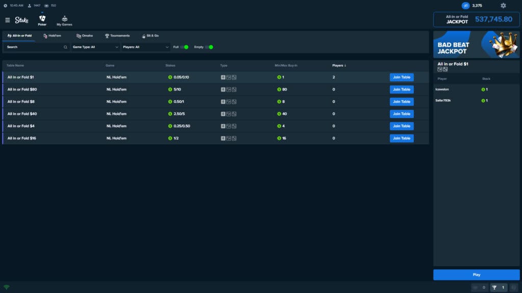 Stake Poker Interface