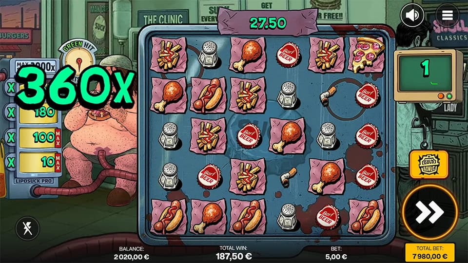Suck slot showing the multiplier ladder with values up to 2000x and a 360x Green Hit triggered on the left.