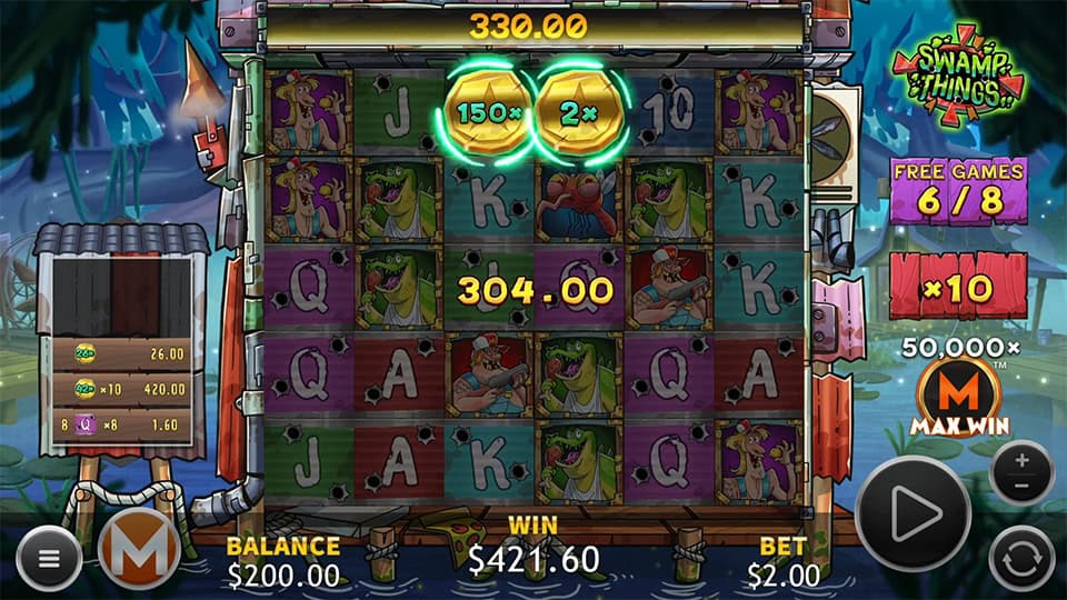 Swamp Things bonus round with golden coins showing 150x and 2x multipliers collected during free spins with a 10x active multiplier.