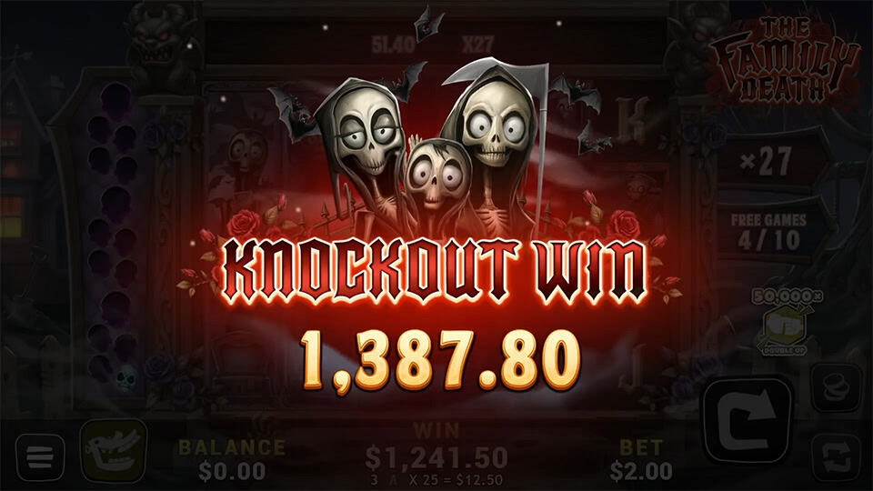 Knockout Win display in The Family Death slot with three grim reapers and bold red text glowing over a dark background.