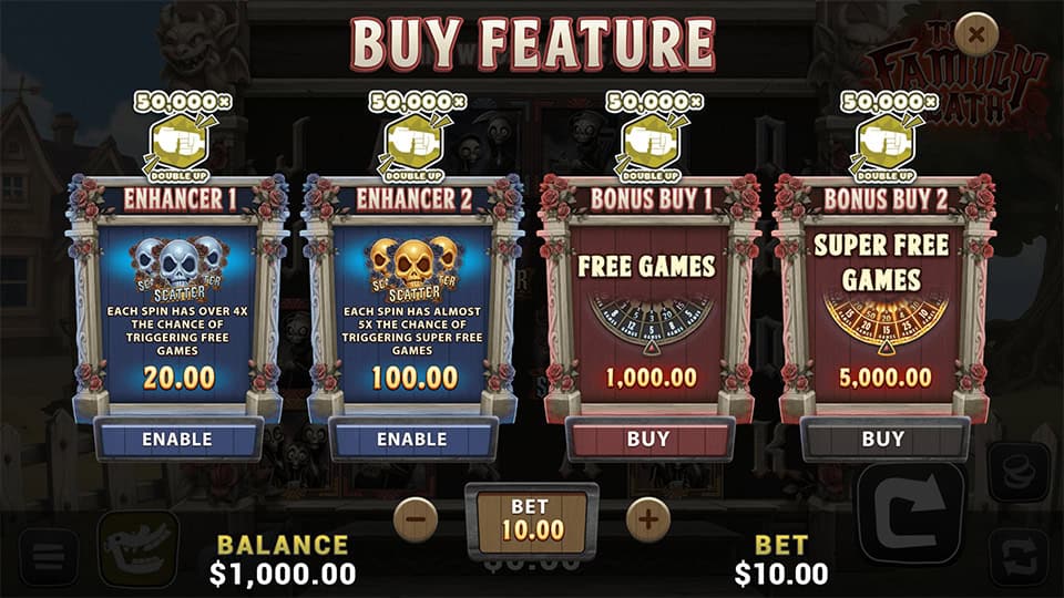 Feature buy screen in The Family Death slot with four options including Free Games, Super Free Games, and Enhancer modes with higher trigger chances.