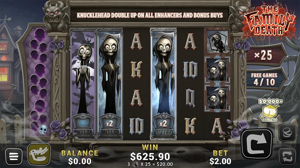 Bonus round in The Family Death slot showing full stacked reaper wilds with x2 multipliers and a 25x total multiplier on active free spins.