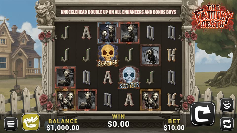 Base game screen of The Family Death slot showing creepy characters, scatter skulls, and a wooden fence backdrop in a spooky suburb.