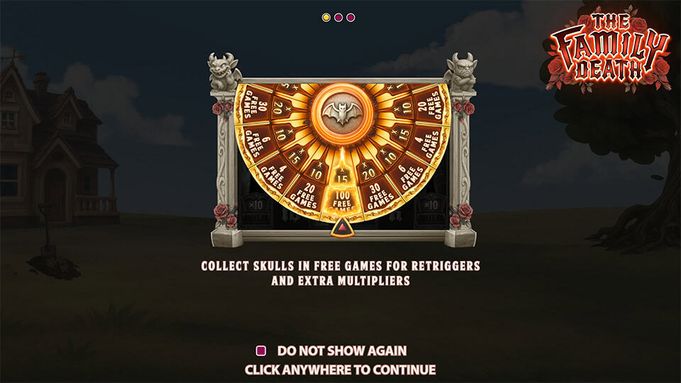 The Family Death intro showing a prize wheel with up to 100 free spins and multipliers, along with a message to collect skulls for retriggers.