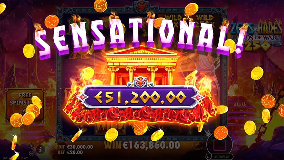 SENSATIONAL! win screen in Zeus vs Hades slot featuring a blazing temple, flying coins, and purple-gold prize banner.