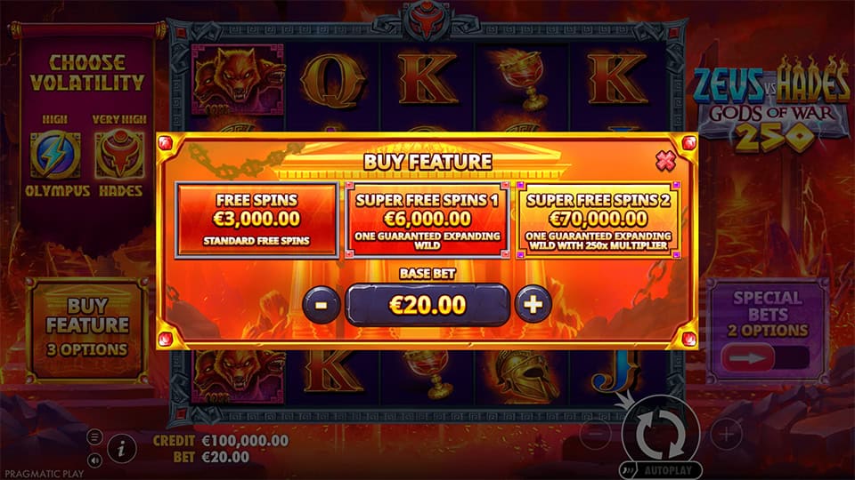 Buy feature menu in Zeus vs Hades slot with three options: standard free spins and two Super Free Spins with guaranteed wilds.